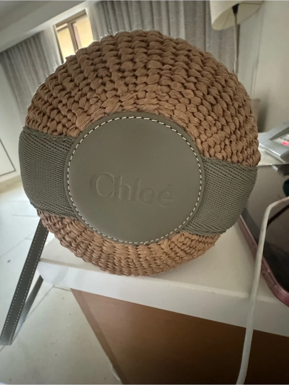 Chloe authentic Woven Straw Tote Bag with Olive Trim - Casual Beach Handbag